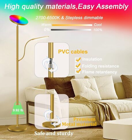 مصباح أرضي LED، مصباح أرضي للأم والطفل مقاس 67 بوصة، مصباح أرضي RGB متغير اللون مع ضوء للقراءة، إضاءة مزاجية مع جهاز تحكم عن بعد والتحكم في التطبيقات، مصباح ذهبي عالي القطب لغرفة المعيشة وغرفة النوم والمكتب والحفلات in Kuwait