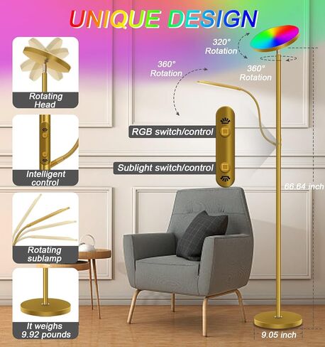 مصباح أرضي LED، مصباح أرضي للأم والطفل مقاس 67 بوصة، مصباح أرضي RGB متغير اللون مع ضوء للقراءة، إضاءة مزاجية مع جهاز تحكم عن بعد والتحكم في التطبيقات، مصباح ذهبي عالي القطب لغرفة المعيشة وغرفة النوم والمكتب والحفلات in Kuwait