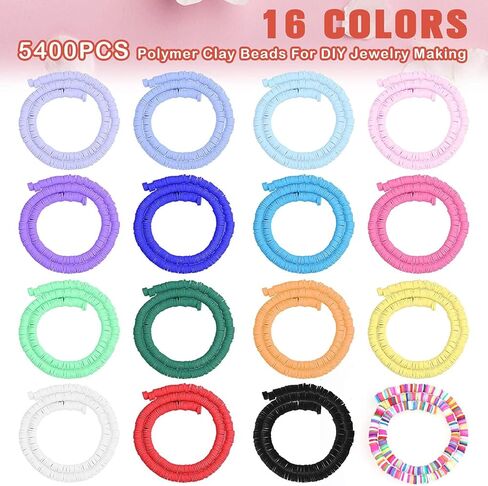 Mckanti 16 خيوط طين خرز 16 لون 6 مم مسطح مستدير بوليمر كلاي هيشي خرز قرصي عدة مع خرز فاصل سبيكة و2 سلاسل مرنة لصناعة المجوهرات DIY أساور قلادة حلق in Kuwait