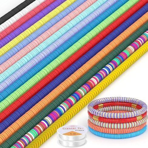 Mckanti 16 Strands Clay Beads 16 Colors 6mm Flat Round Polymer Clay Heishi Beads Disc Beads Kit with Alloy Spacer Beads and 2 Roll Elastic Strings for DIY Jewelry Making Bracelets Necklace Earring in Saudi Arabia