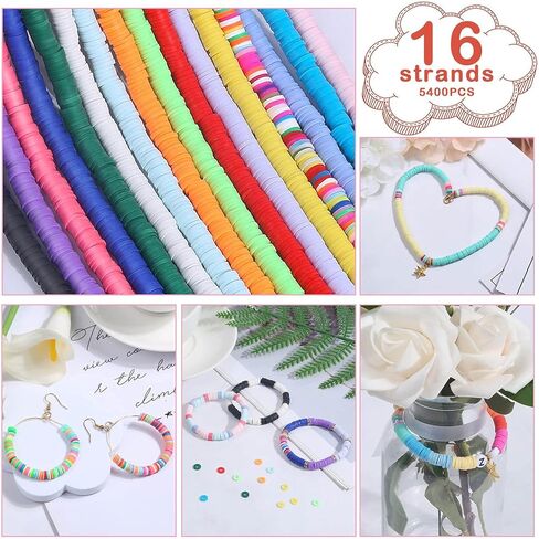 Mckanti 16 خيوط طين خرز 16 لون 6 مم مسطح مستدير بوليمر كلاي هيشي خرز قرصي عدة مع خرز فاصل سبيكة و2 سلاسل مرنة لصناعة المجوهرات DIY أساور قلادة حلق in Kuwait