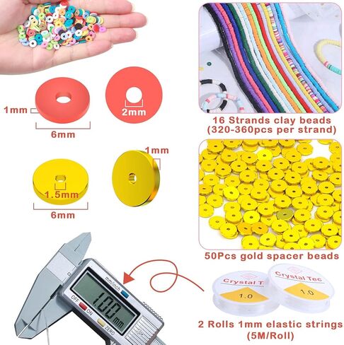 Mckanti 16 خيوط طين خرز 16 لون 6 مم مسطح مستدير بوليمر كلاي هيشي خرز قرصي عدة مع خرز فاصل سبيكة و2 سلاسل مرنة لصناعة المجوهرات DIY أساور قلادة حلق in Kuwait