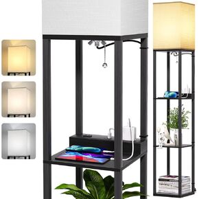 4 Tier Floor Lamp with Shelves, Shelf Floor Lamp with 2 USB Ports, 2 Power Outlet, Standing Lamp with 3 Color Temperature, Corner Lamp with Linen Shade for Living Room, Bedroom, Office (Black)