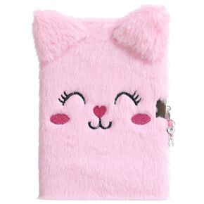 Cute Cat Face Plush Diary with Lock and Key, A5 Lined Hardcover Secret Notebook Locking Journal Writing Drawing Notepad Gift for Kids Girls Boys