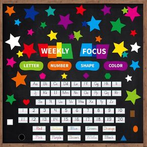 107 Pcs Weekly Focus Bulletin Board Alphabet Numbers Colors Shapes Classroom Bulletin Board Star Classroom Decor for School Teacher Classroom Elementary School Teacher Chalkboard Supplies