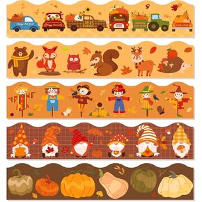 Konsait Fall Bulletin Board Border, 69Ft Fall Border for Bulletin Board, Self-Adhesive Pumpkin Gnomes Scarecrow Truck Animals Fall Bulletin Board Borders for Classroom Office Home, 5 Design