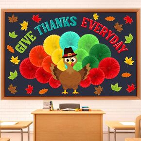 65 Pcs Thanksgiving Classroom Decorations Thanksgiving Turkey Bulletin Board Set 3D Fall Turkey Classroom Decoration with Paper Fans for Thanksgiving Autumn Harvest School Chalkboard Wall Decor