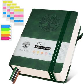 College Ruled Notebook - 365 Page Leather Notebook Journal for Writing with Index Stickers, Hardcover Notebook with 100Gsm Thick Pages，Diary, Travel, Work, School, Note Taking (Brown, A5)