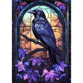 MEIYUDA Crow Diamond Painting Kits for Adults, 5D Crow Stained Glass Diamond Painting Kits for Beginners, DIY Full Drill Crystal Craft Kits for Home Wall Decor and Relaxation Gem Arts 12x16in