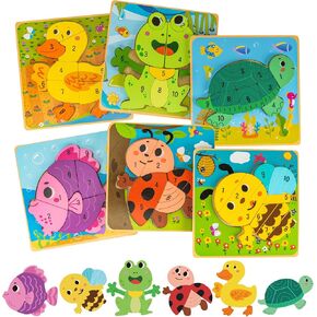 deli Wooden Toddler Puzzles, 6 Pcs Animals Puzzles for Toddler, Montessori Preschool Educational Learning Toys Make a Great Gifts for 1 2 3 4 5 Year Olds