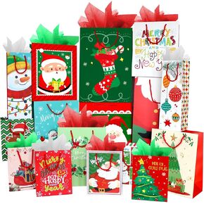 ZMCINER 16 PCS Christmas Gift Bags with Tissue Paper, Christmas Bags for Gift with Handle Holiday Gift Bags Bulk Paper Gift Bags for Wrapping Present