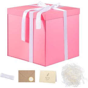 Large Black Gift Box with Lid, 10x10x10 In Christmas Gift Boxes for Presents with Ribbon Shredded Paper Card and Envelope for Christmas Valentine's Day Birthday Anniversary Wedding
