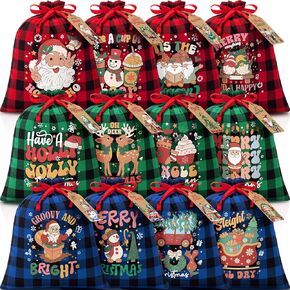 12 PCS Burlap Christmas Drawstring Gift Bags, 10x12in Christmas Linen Gift Bags w/Tags, Medium Xmas Burlap Sacks Jute Goody Gift Bags Candy Treat Bags Reusable Gift Wrapping for Holiday Party Favors