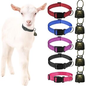 5 Pack Goat Collars Reflective Goat Collars with Grazing Copper Bells and Adjustable Nylon Collar with Anti-Lost Loud Bronze Bell for Farm Animal Goat Sheep Horse Cow(Size:L Neck:16-24")