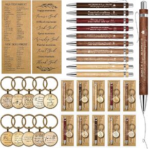 Lincia 20 Sets Christian Gift Bulk 20 Bible Verse Bamboo Pens 20 Church Keychains and 20 Inspirational Bookmarks Christmas Religious Scripture Gifts for Sunday School Church Visitor(Mild Color)
