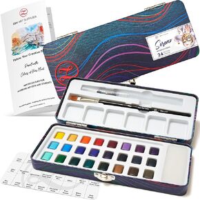 Travel Watercolor Paint Set - 24 Half-Pan Vibrant Water Colors for Adult Beginners and Tin Box - Portable Watercolor Set with Paintbrush, Water Brush, Mixing Area - SERENO Cool Colours by ZenART