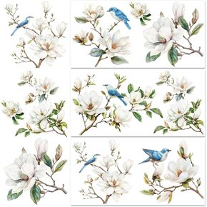 3 Sheet Vintage Birds Flowers Rub on Transfers Magnolia Flower Rub on Transfers for Crafts Furniture Classic Birds Flowering Branch for Home Office Garden Door Wood DIY Craft 11.8"* 5.9"
