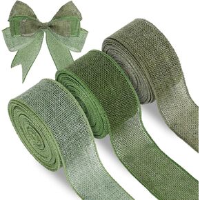 Whaline 3 Rolls Burlap Wired Ribbon 1.5 Inch 30 Yard Gradient Saga Moss Green Craft Ribbon for Bow Wreath Craft Wedding Xmas Tree Decor, 3 Colors
