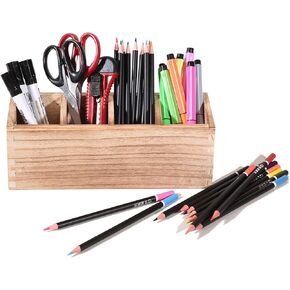 Wooden Pen Pencil Holder for Desk, 4 Compartment Rustic Rectangular Pen Organizer, Wood Desktop Organizer Caddy, Multi Purpose Use for Home School Office Supplies, Stationery