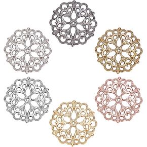 PH PandaHall 6 Colors 60pcs Flower Filigree Connector Tibetan Charm Pendants Round Filigree Metal Embellishments Findings for DIY Hairpin Necklace Jewelry Making, 29mm/1.14 inch