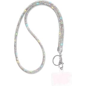 Fashion 34.8'' Sparkle All Round Strap Crystal Neck Lanyard,Exclusive Bling Work Name Card Holder,Rhinestone Cellphone Necklace ID Badge Reel Clip for Women,Bonus Cellphone Safety Tab(AB White,1PC)