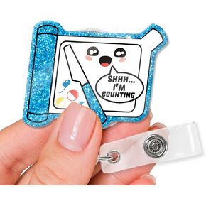 XQLZY Chill Pills Silver Glitter Badge Reel Retractable with Alligator Clip, Funny Pill Bottle ID Card Badge Holder Gifts for Nurse Doctor Pharmacists Therapist Psychotherapists Anesthetist