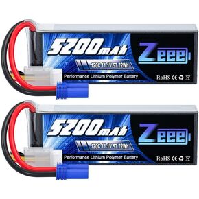 Zeee 3S LiPo Battery 5200mAh 11.1V 120C with EC5 Connector Soft Pack RC Battery for RC Plane Quadcopter Airplane Helicopter RC Car Truck RC Boat(2 Pack)