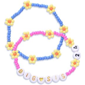 LParkin Big Sister Bracelet Set - 2PCS Big Sister Bracelets for Girls, Stretch Beads Big Sister Gift for Toddler, Pink and Blue