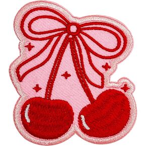 Red Cherry Bow Coquette Patch 3 Inches Iron On/Sew On Embroidered Applique Patch for Clothes Backpacks Hats, Cute Girly Red Bow DIY Girl Gifts Accessories Gifts for Mom Dad Friends Coworkers