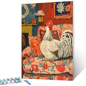 Tucocoo White Cock Sitting on Sofa Paint by Numbers Kits 16x20 inch Canvas Retro Style Rooster DIY Oil Painting for Kids, Students, Adults Beginner with Brushes Acrylic Pigment Drawings(DIY Frame)