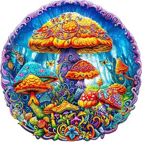 Jigfoxy Wooden Puzzles for Adults, Magical Mushrooms Wood Puzzles Adult, Unique Animal Shape Wooden Jigsaw Puzzles, for Puzzles Lovers Family Friend (L-13.3 * 13.3in-290pcs)