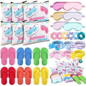 30 Pcs Sleepover Party Supplies for Girls, Spa Party Supplies Favors with 6 Spa Headband 6 Satin Eye Mask 6 Satin Hair Scrunchies 6 Makeup Bag 6 Slippers, Sleep Over Essentials Birthday Party Supplies