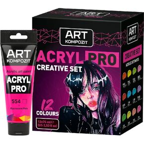 Professional Heavy Body Acrylic Paint Set 12 x 75 ml (2.54 fl oz) For Artists With Canvas, Upholstery, Wood, Glass, Plastic, Fabric | Made in Europe |