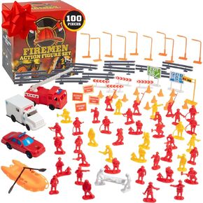 Fireman Action Figure Toys - 100pc Firefighter Figurines Playset Includes Firemen, Firetrucks, Ambulances, Rescue Boats & More - Great for Pretend Play & Dioramas- Xmas Gifts for Kids & Collectors