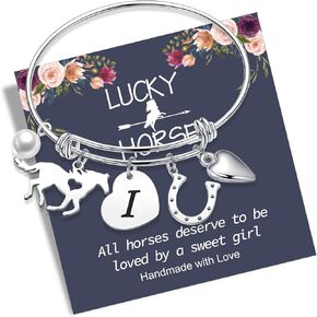 Anoup Horse Gifts for Girls - Horse Stuff, 14K White/Rose Gold Plated Stainless Steel Bracelets | Initial Heart Pearl Horseshoe Bracelet | Birthday Day Gifts for Horse Lovers