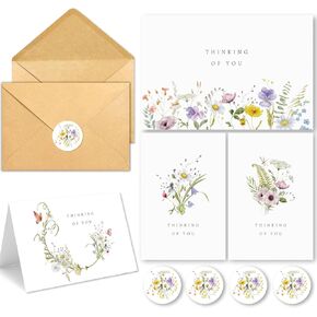 Thinking of You Cards with Envelopes, Set of 24 Watercolor Floral Sympathy Cards, 4 Unique Condolences Cards Designs and Blank On The Inside for Family, Friends - 4 x 6 in