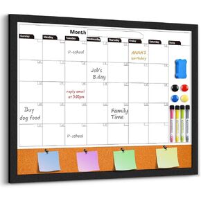 Monthly Whiteboard Calendar & Cork Boards for Walls, 23"x17" Magnetic Dry Erase Board with Black Wood Framed,2in1 White Board Cork Board Combo, Calendar Bulletin Board for Kitchen Planner Memo Office