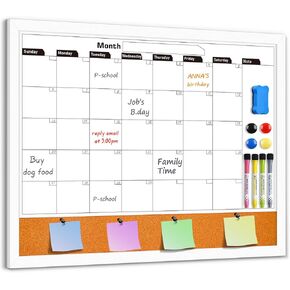 Monthly Whiteboard Calendar & Cork Boards for Walls, 23"x17" Magnetic Dry Erase Board with Black Wood Framed,2in1 White Board Cork Board Combo, Calendar Bulletin Board for Kitchen Planner Memo Office