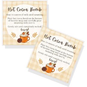 Hot Cocoa Bomb Fall Hot Chocolate Instruction Tags Square Labels Cards | 50 pk | 2.5" inches Labels Holiday Black and White Checkered Minimalist