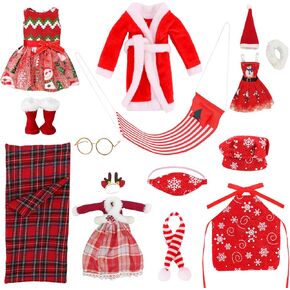 14pcs Christmas Clothes Santa Couture for Elf Accessories Include Sleeping Bag, Scarf, Glasses, Socks Boot, Hammock, Bathrobe, Apron and Chef Cap, Skirt, for Elf Doll Decorations