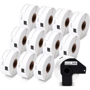 DK-2205 62mm x 30.48m (2-3/7" x 100') Continuous Length White Paper Label Tape Roll Compatible with Brother QL-600 800 810w Thermal Printers (12 Rolls+ 1 Frame)