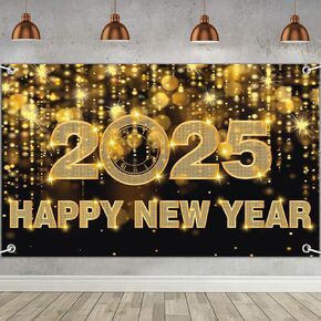 Happy New Year Decorations 2025, 70.8 * 45IN Happy New Year Banner 2025 Happy New Year Backdrop for Black and Gold New Years Eve Party Supplies 2025