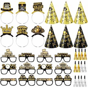 YVAINE New Years Eve Party Supplies 2025 - Pack of 36, Happy New Year Decorations Pack Include 6 Headband Tiaras 6 Cone Hats 12 New Year Eyeglasses and 12 Noise Makers for New Year Party