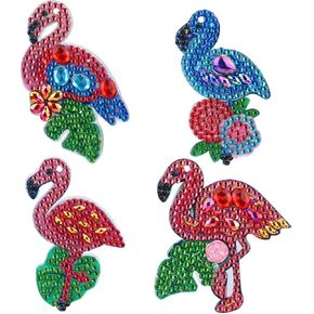VETPW 4 Pieces 5D DIY Flamingo Diamond Art Keychain, Summer Theme Double Sided Rhinestone Painting Key Chains Pendant for Women Purse Backpack Handbag