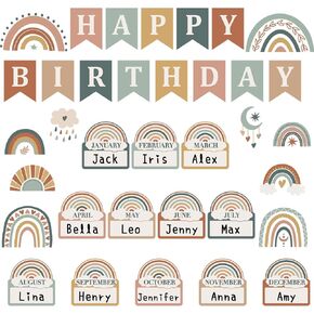 34 Pieces Modern Boho Birthday Bulletin Board Classroom Decorations Boho Rainbow Birthday Calendar Bulletin Board Set Happy Birthday Rainbow Cutouts for School Teacher Supplies Classroom Wall Decor
