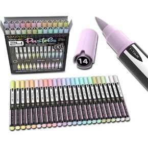 24 Flexible Brush Tip Acrylic Paint Pens Markers Set 1-7mm Line for Rock Painting, Brush Lettering, Glass, Mugs, Wood, Metal, Canvas, Fabric, Plastic Non Toxic Waterbased Quick Drying Assorted Pastel