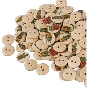 Assorted Wooden Buttons Printed Round Wooden Decorative Buttons Handmade Small 100pcs for Handmade Clothes (Log Color Cactus)