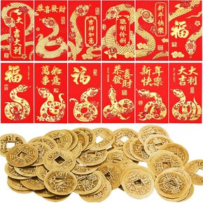 36 PCS 2025 Chinese New Year Red Envelopes and 64 PCS Lucky Money Set Year of Snake Hong Bao and Feng Shui Coins for Spring Festival (Style1)