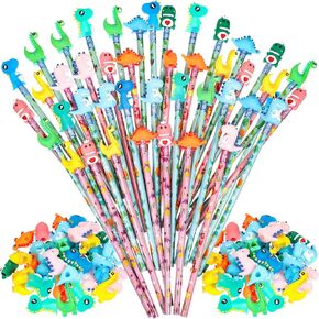 Leinuosen 30 Pieces Scented Pencils Fun Pencil with 12 Eraser Cartoon Pencil Toppers Fruit Pencil Toppers with Pencil Toppers Lovely Wood Pencil with Fruit Element Graphite Pencil(Dinosaur)