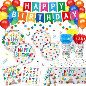 Happy Birthday Decorations - Birthday Party Decorations Includes Plates, Napkins, Cups, Cutlery, Banner, Hanging Swirl, Tablecloth, Balloon for Boy Girl Birthday Decorations, Serves 24